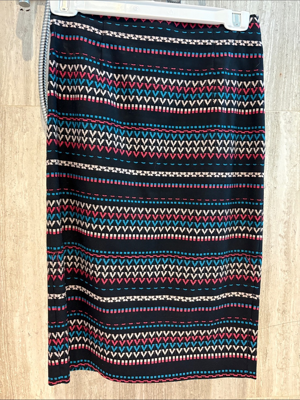 Tristan Navy Pencil Skirt with Teal, Pink & Cream Pattern